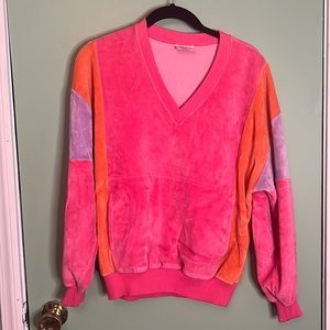 Vintage pink velour colorblock v neck pullover with pocket